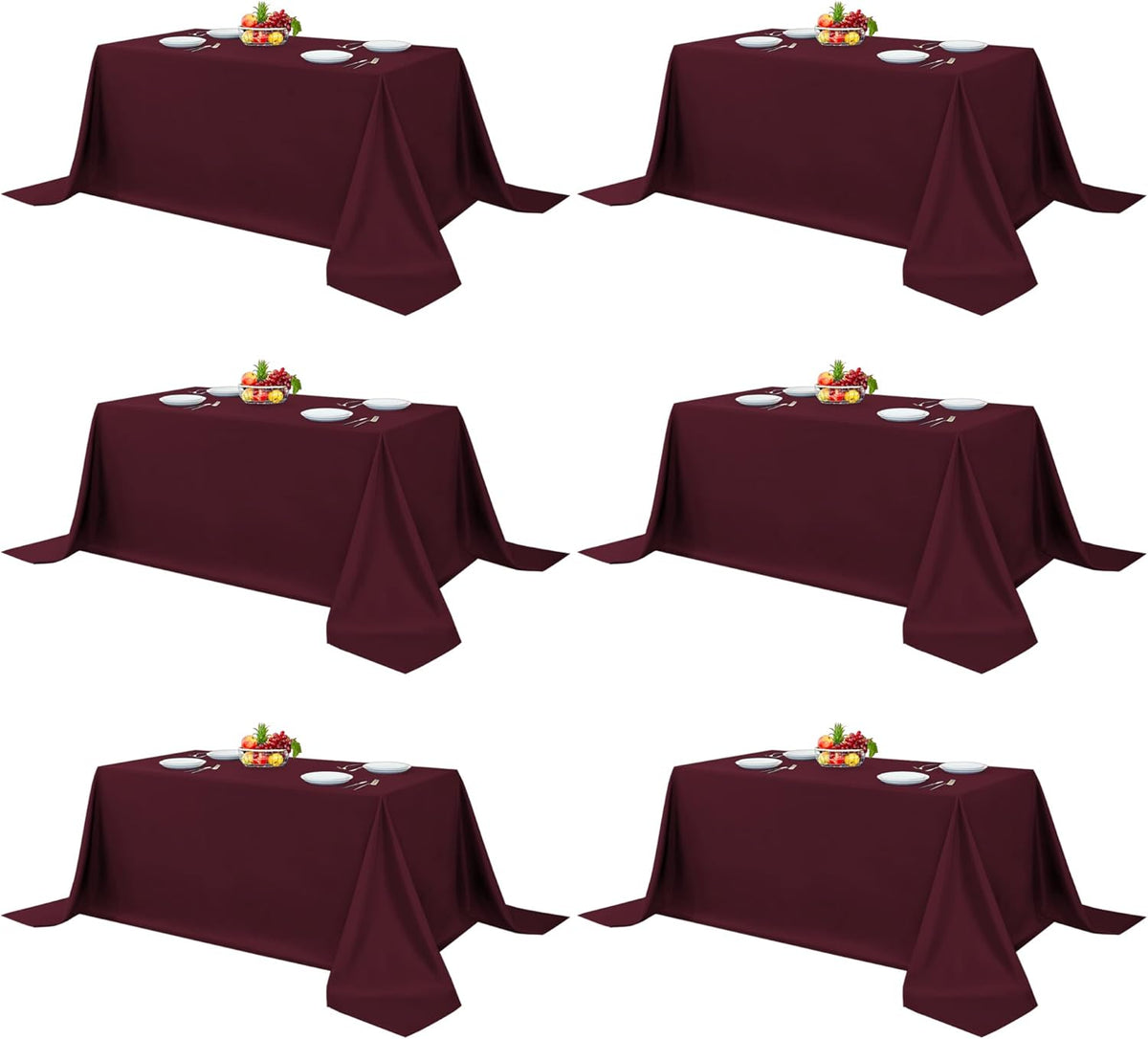 Fitable Elegant Rectangle Table Clothes, 6 Pack - 90 x 132 Inch, Burgundy - Reusable and Washable