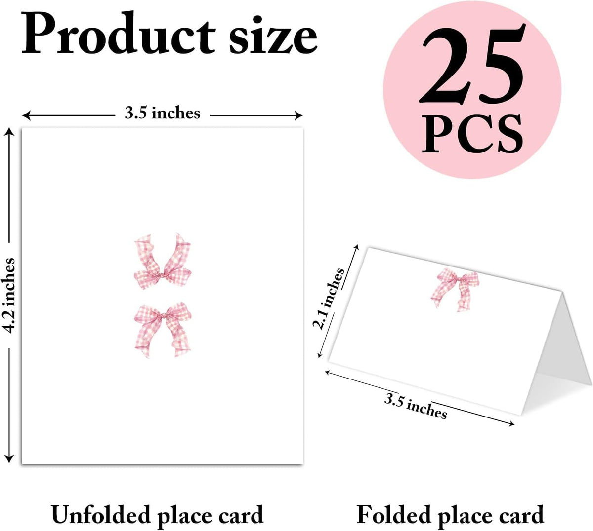 25 Pack Pink Plaid Bow Place Cards, Editable Name Cards for Table Setting, Tent Cards Food Label