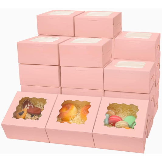 Bakepacker Pink Bakery Boxes with Window 6x6x3 inches Thick & Sturdy Macaroon Pastry Boxes Cookie