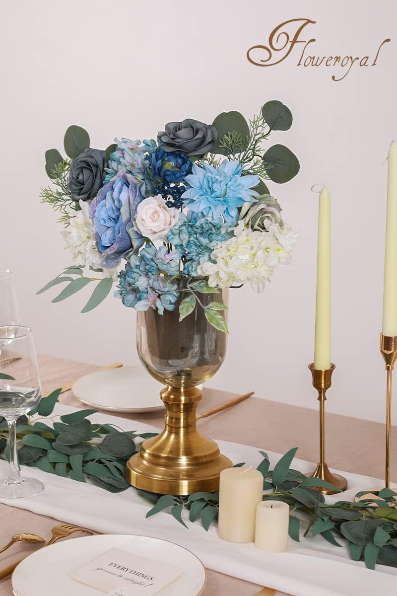 Floweroyal Artificial Flowers Combo Dusty Blue Flowers Mix Silk Flowers Dahlia Roses with Stems for