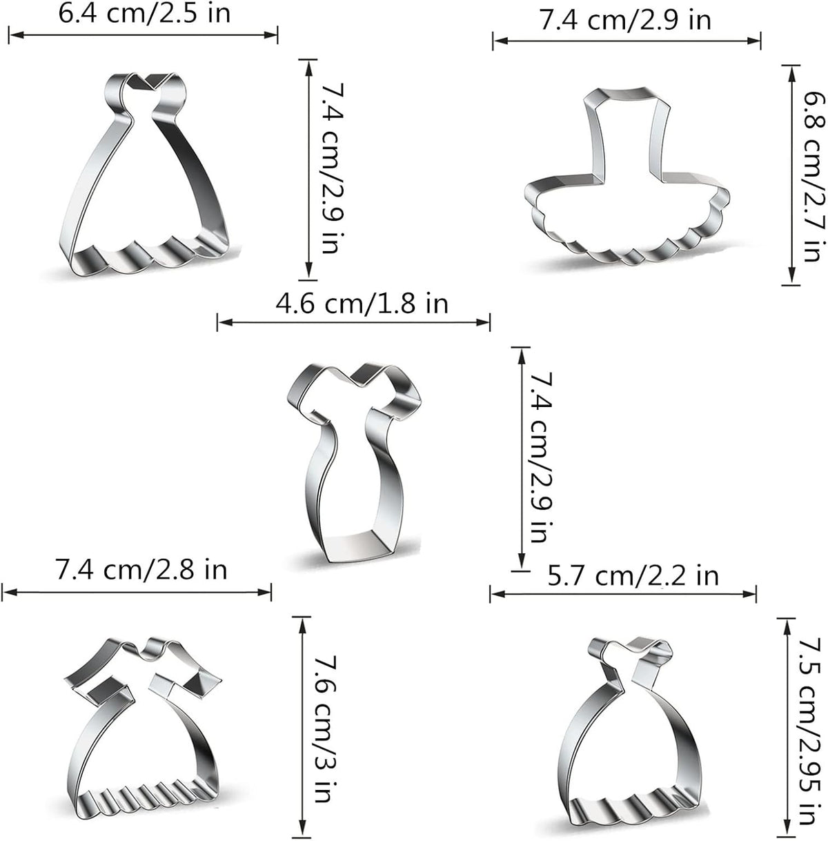 Dress Shaped Cookie Cutters Set of 5 pcs, Stainless Steel Wedding Princess Dress Fondant Cutter