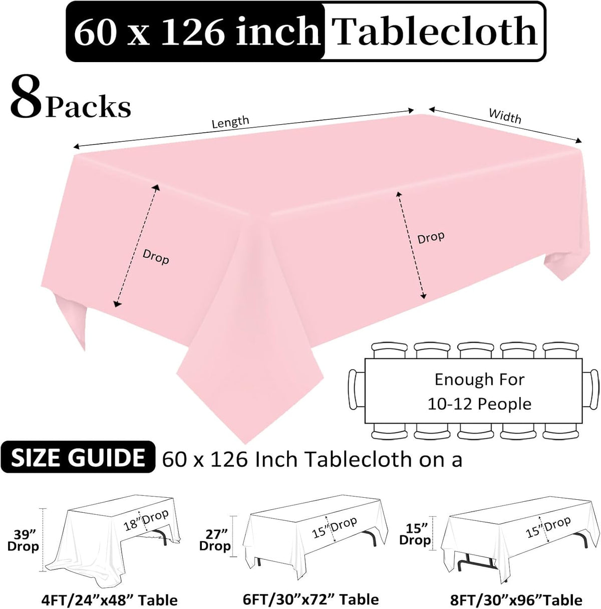 8 Pack Pink Tablecloth 60 x 126 Inch Rectangular Tablecloths for 8 Foot Rectangle Tables, Wrinkle