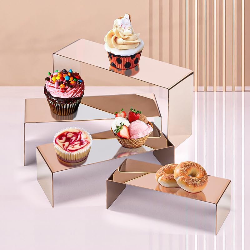 4 Pcs Stainless Steel Display Risers, Display Stand for Cupcake Dessert Perfume Purse Handbag Shoe