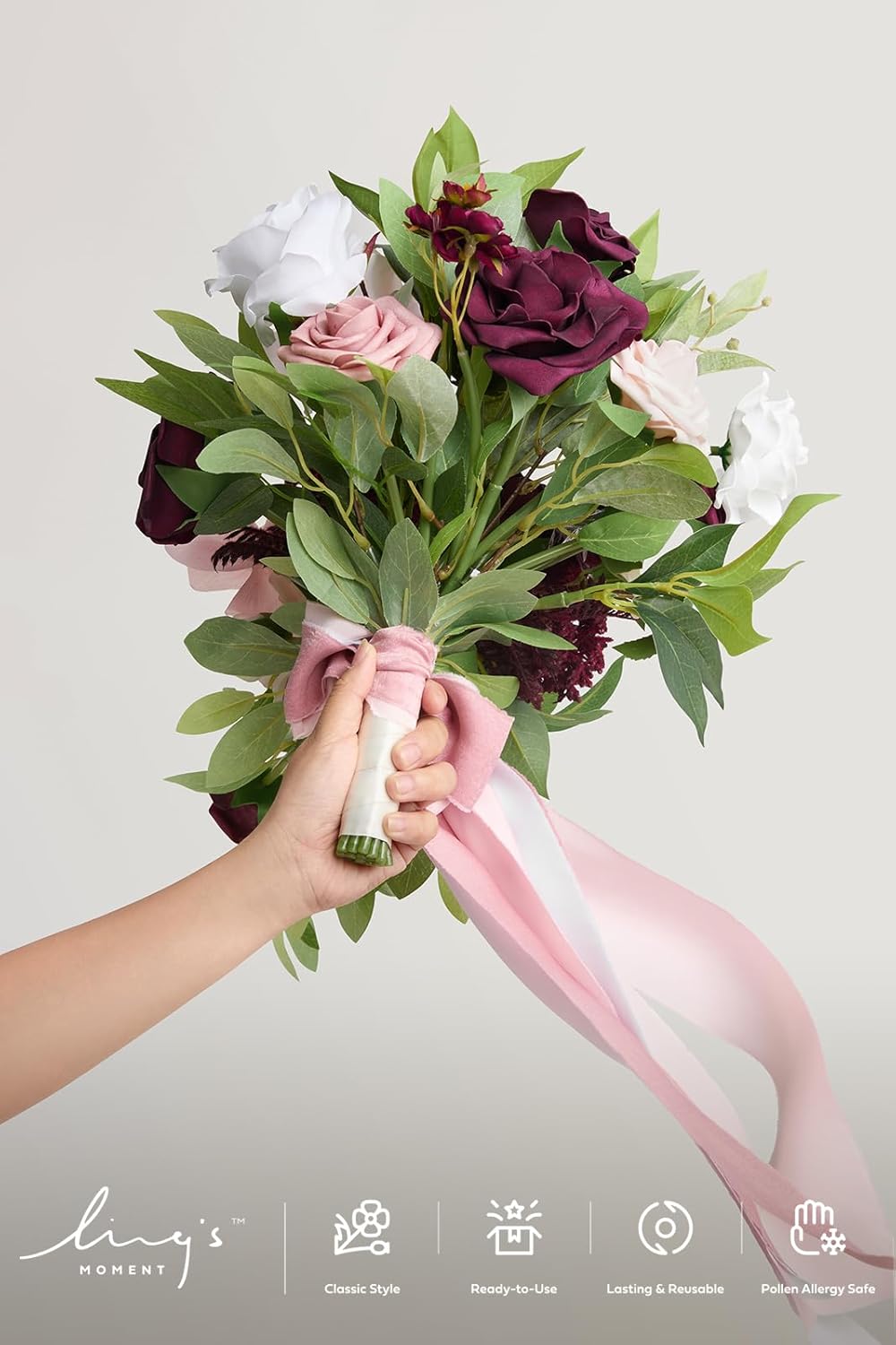Ling's moment Burgundy Cascading Bridal Bouquet, Marsala Wedding Bouquets for Bride, 13 Inch Birde