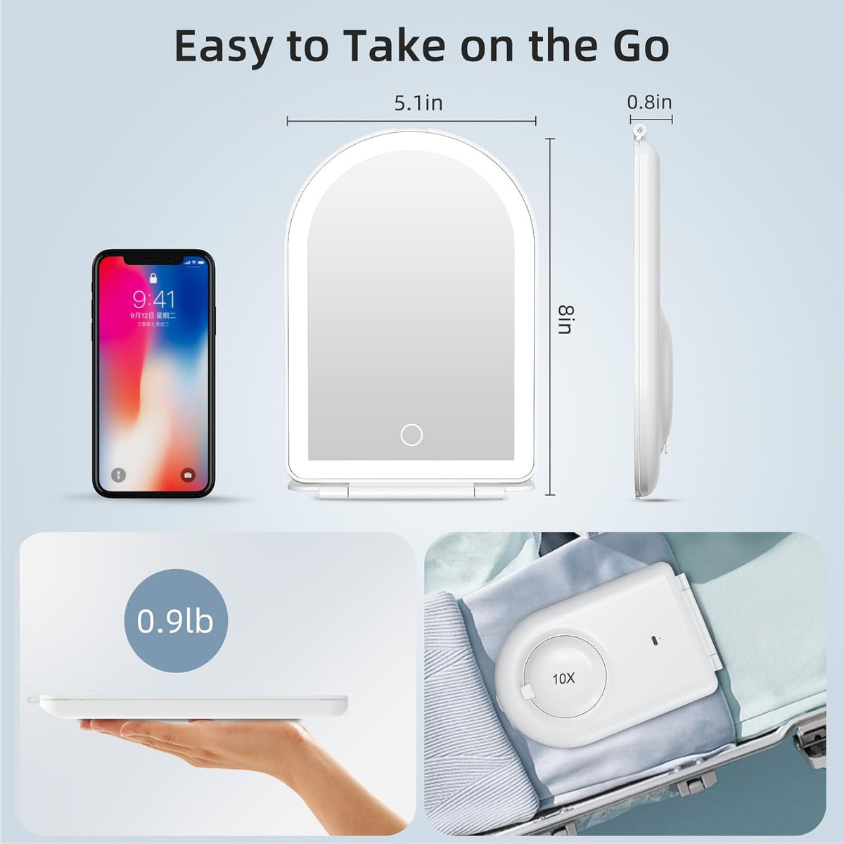 FUNTOUCH Rechargeable Travel Makeup Mirror with Lights,Portable Lighted Compact Mirror with Small