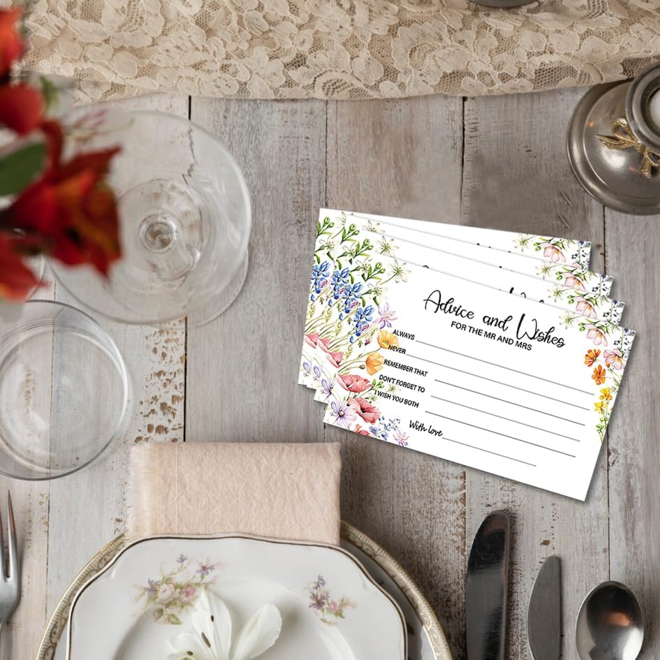 50Pcs Flower Wedding Advice Cards for Bridal Shower Games, Wildflower Advice and Wish Cards Box for