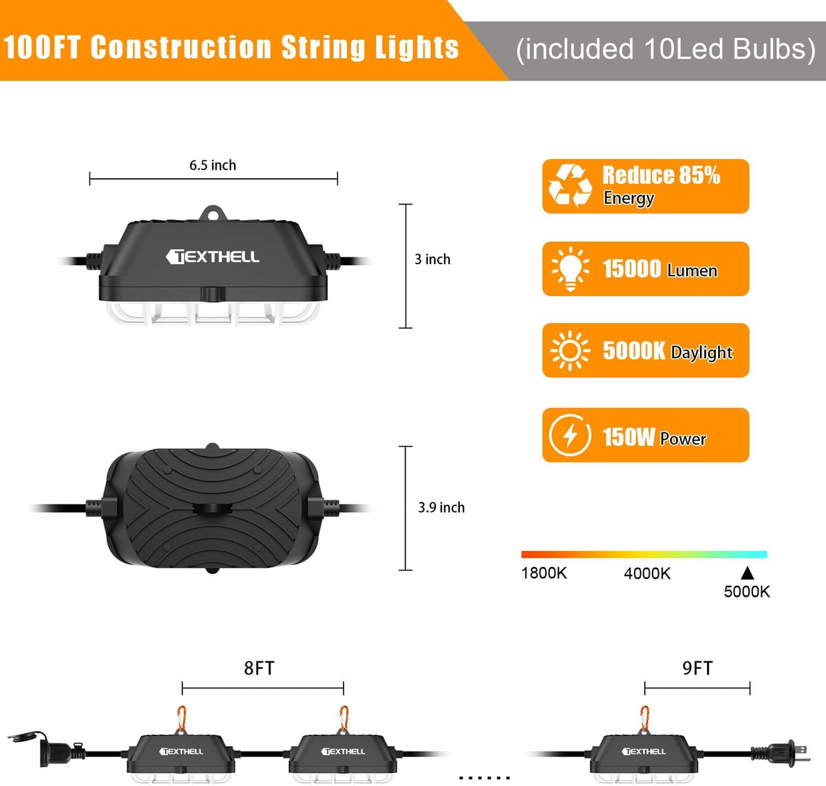 100FT LED Construction String Lights, 150W Super Bright 15000LM Plug in Linkable String Work