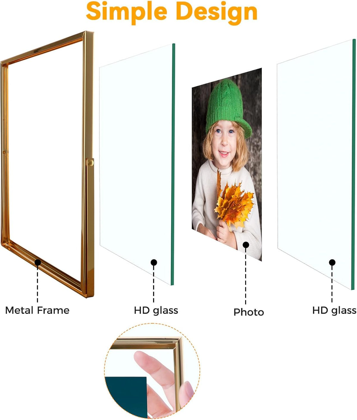 Gold Floating Frame (6"x8", Vertical), For Picture 5x7, 4x6, 3x5, Tabletop Shelf Photo Frame