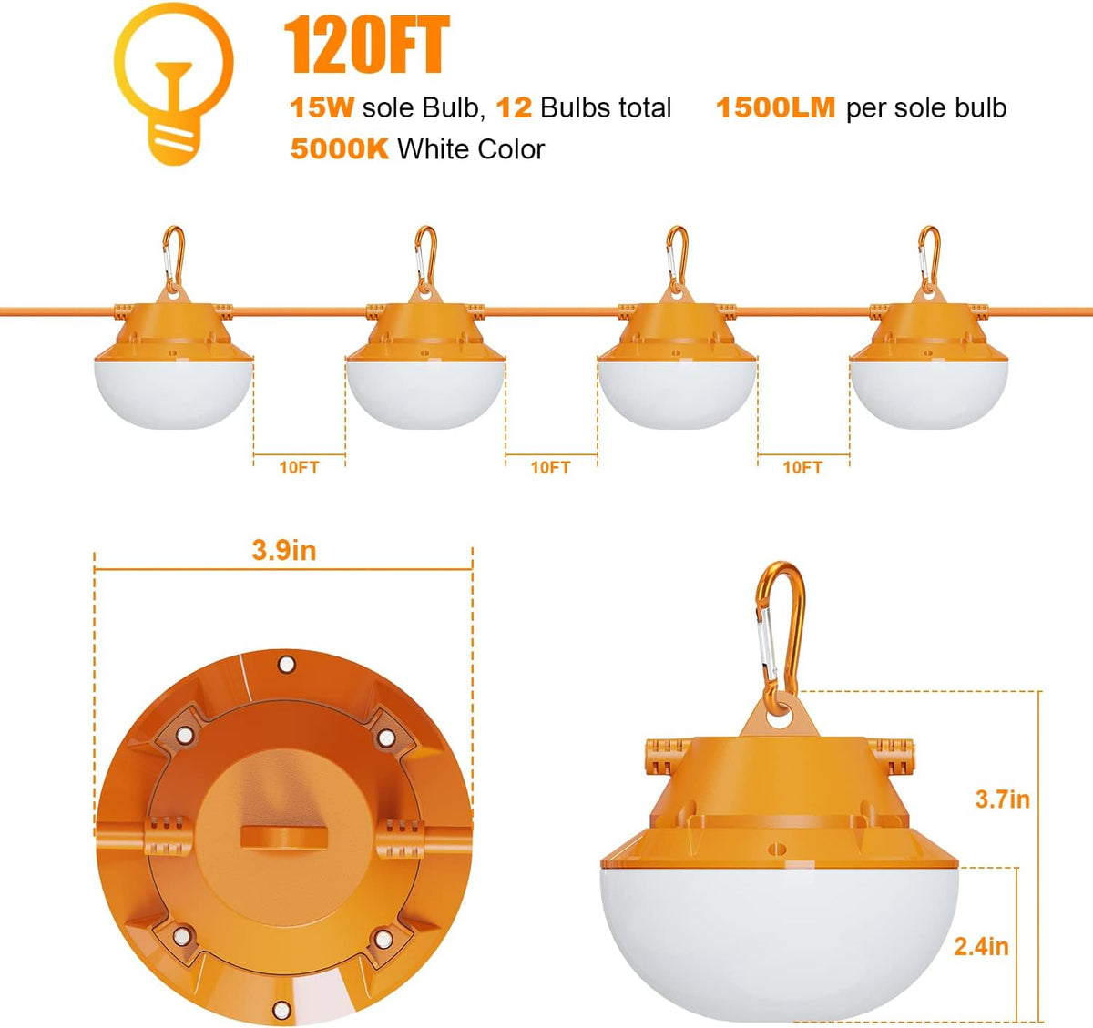 120FT Construction String Lights 180W String Work Light for Construction Jobsites, 18000Lumen
