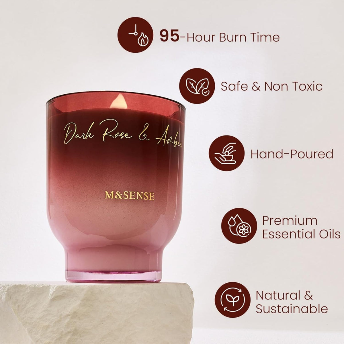 M&SENSE 16.6oz Natural Soy Large Jar Candle with Wooden Wick | Dark Rose Amber Scent | 95-Hour Burn