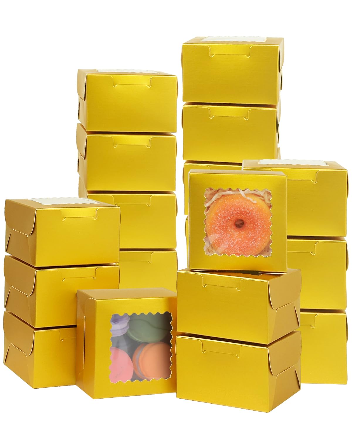 Bakepacker 60pcs Gold Bakery Boxes with Window 4x4x2.5 inches Thick & Sturdy Macaroon Pastry &