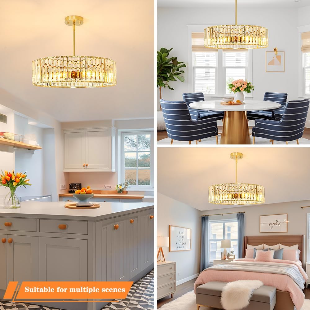 Gold Crystal Chandelier for Dining Room, 6-Light Modern Semi Flush Mount Ceiling Lighting Fixtures