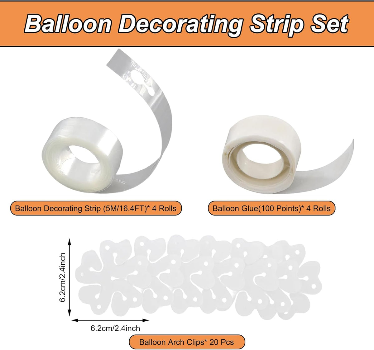 Balloon Arch Strip Kit, 20 PCS Balloon Arch Clips & 65.6Ft Tape Strip & 400 Glue Points Dots