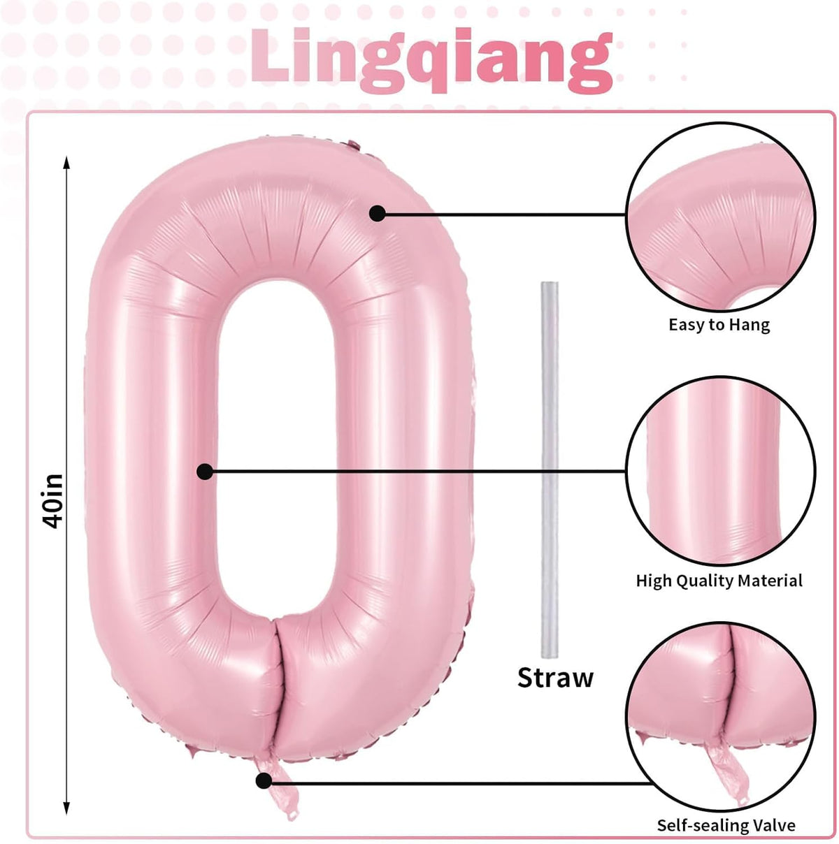 40" Balloon Number 0 Pastel Pink, Large Foil Pink Number Balloons Set 0-9 for Girls, Light Pink 0