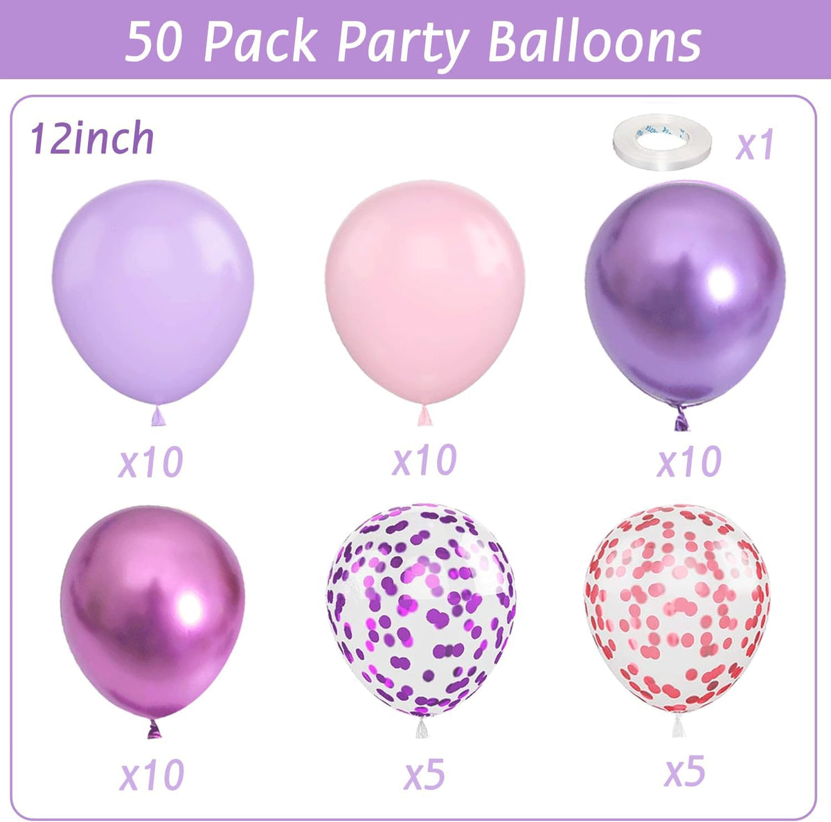 Pink and Purple Balloons,50Pcs 12 Inch Purple Pink Metallic Confetti Balloons with Ribbon for Girls