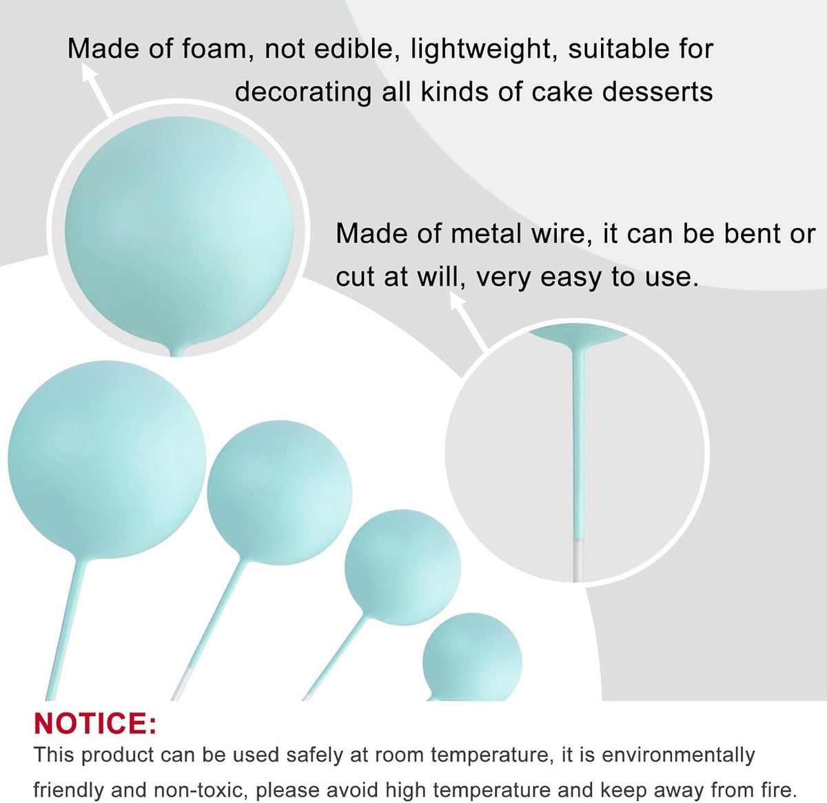 ASTARON 20 Pcs Ball Cake Topper Decorations Mini Balloons Cake Topper Sticks Light Blue Balls Cake
