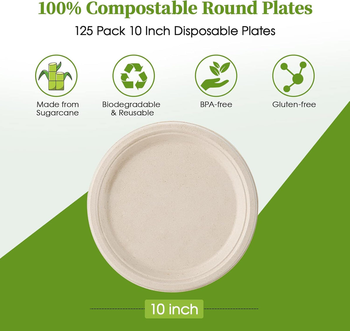 ECOLipak 100% Compostable 10 Inch Paper Plates, 125 Pack Heavy Duty Disposable Biodegradable
