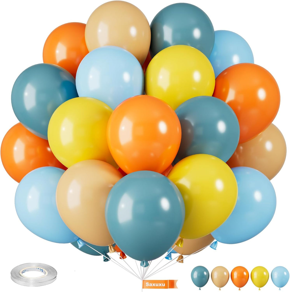 Blue Yellow and Orange Balloons, 12 Inch Retro Sea Blue Yellow Orange Balloons, Latex Helium