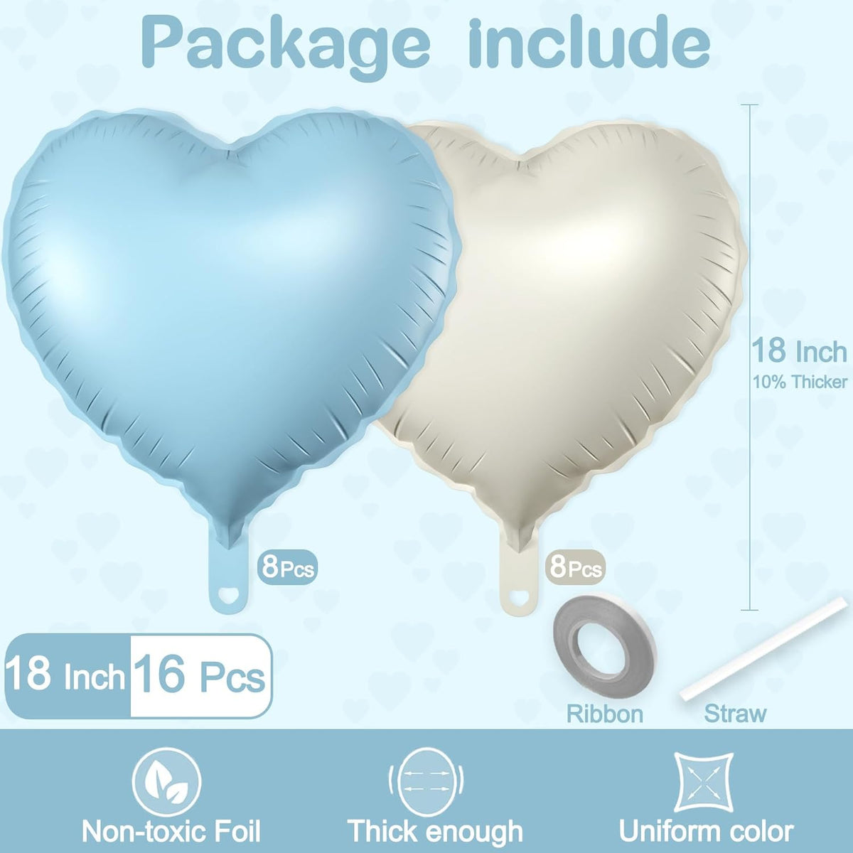 16 Pcs Heart Balloons, 18 Inch Blue White Sand Love Heart Shaped Foil Balloons for Wedding