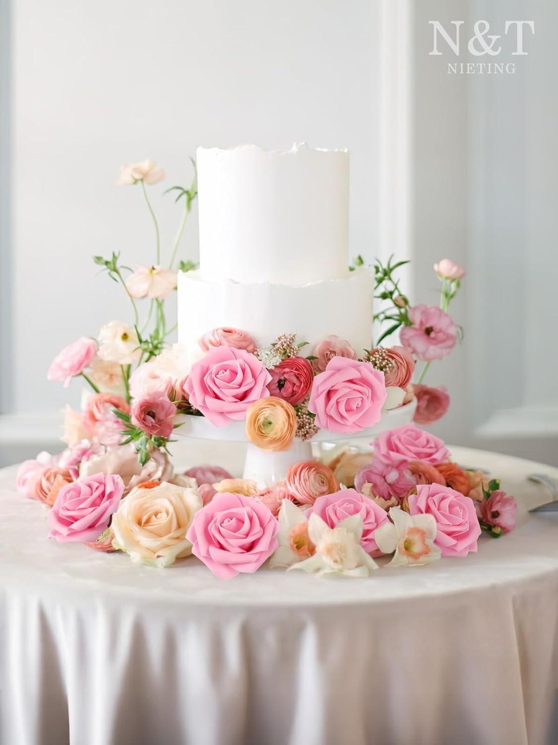 N&T NIETING Artificial Flowers Pink Roses, 25Pcs Fake Flowers Foam Roses with Stems for DIY Wedding