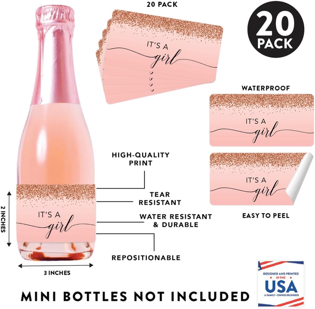 Andaz Press Mini Champagne Wine Bottle Baby Shower Labels, It's A Girl!, Blush Pink Faux Rose Gold