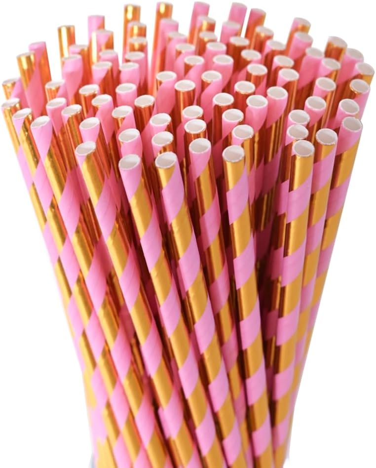 Paper Straws for drinking - Pink Gold Striped Biodegradable Disposable Paper Straws, 7.75 Inch, 100