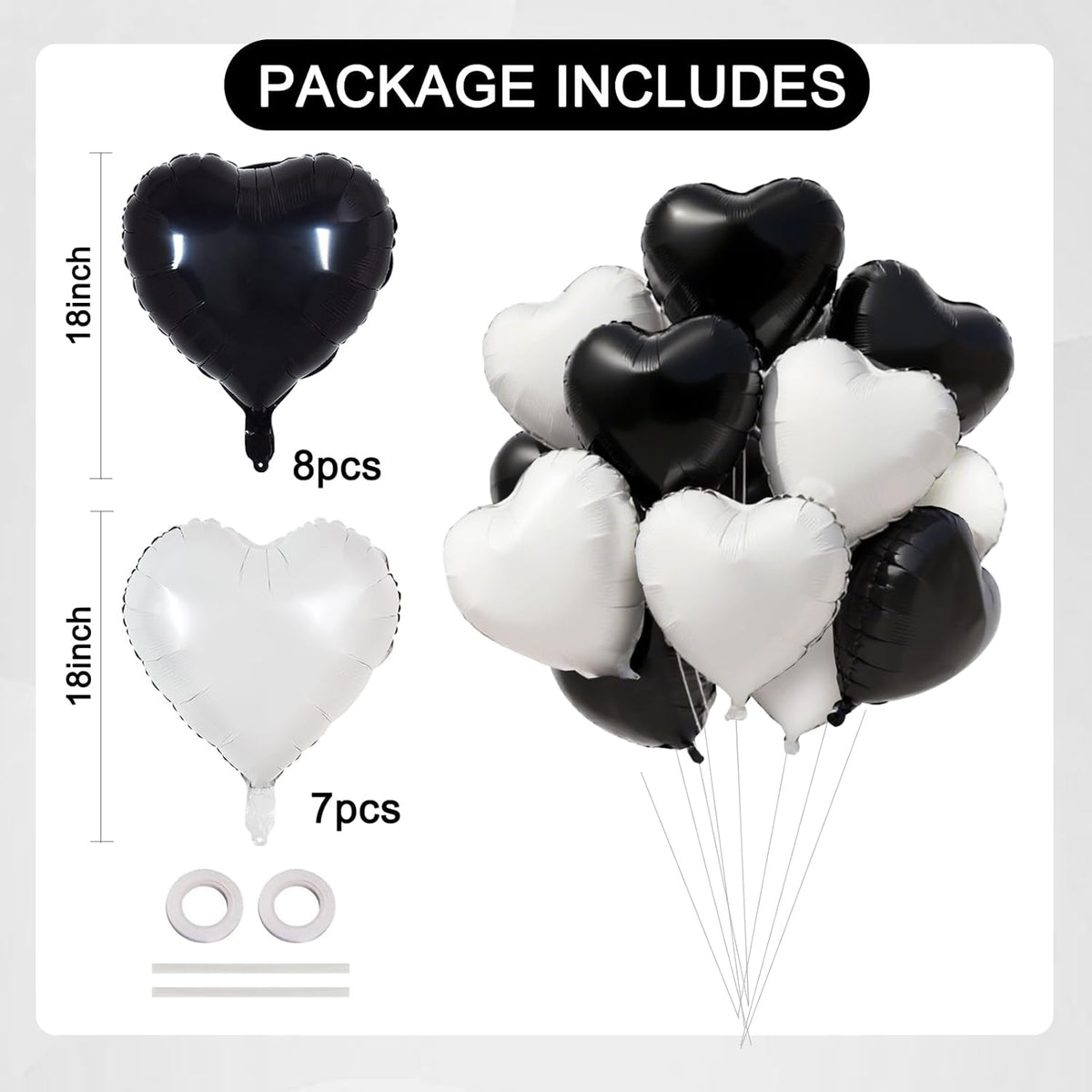TONIFUL 15Pcs 18 Inch Black White Heart Balloons Valentine’s Day Heart Shape Foil Mylar Balloons