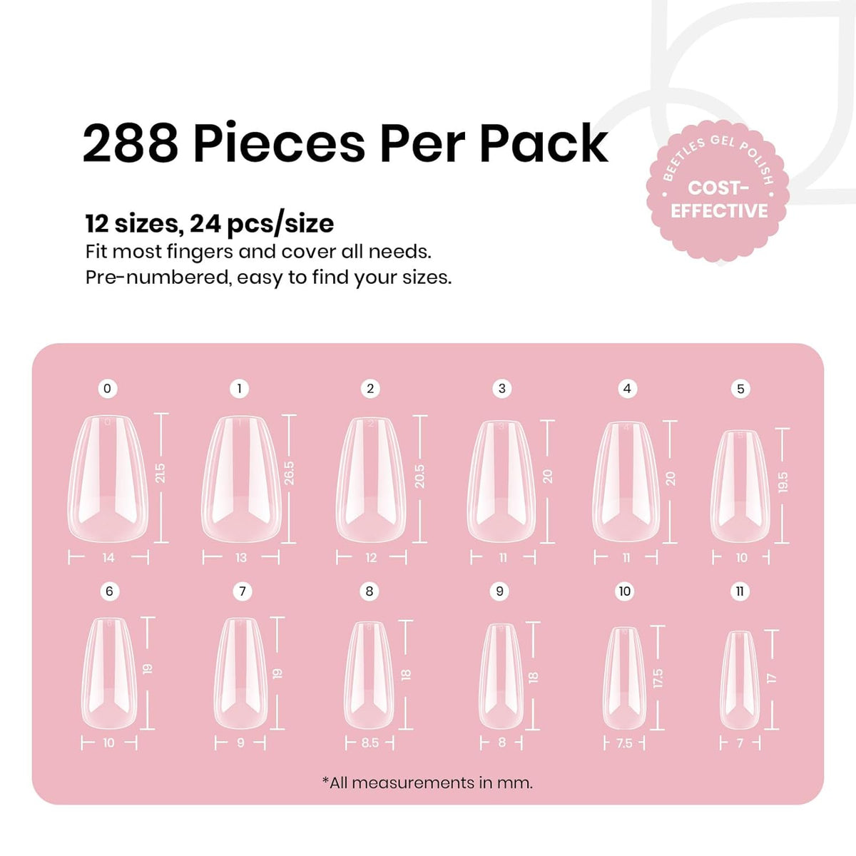 Beetles Gel Nail Tips Short Coffin Pre-Etched Nail Tips, 12 Sizes 288 Pcs Full Cover Soft Tips Half