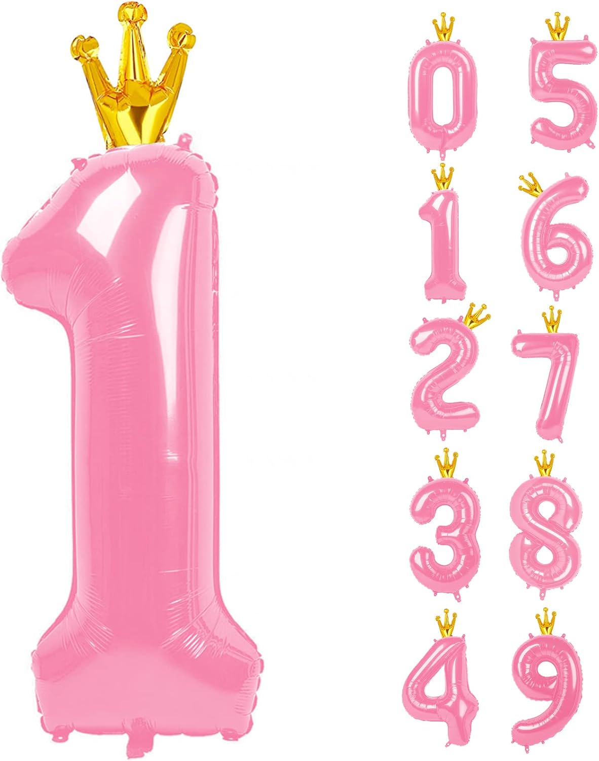 40 Inch Pink Number Balloon 0-9(Zero-Nine) with Crown, Big Size Happy Birthday Balloon, Foil Helium