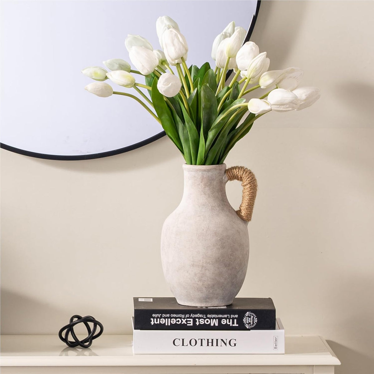 Ceramic Flower Vase Home Decor - 10 Inch Large White Rustic Table Flowers Vases Living Room Bedroom