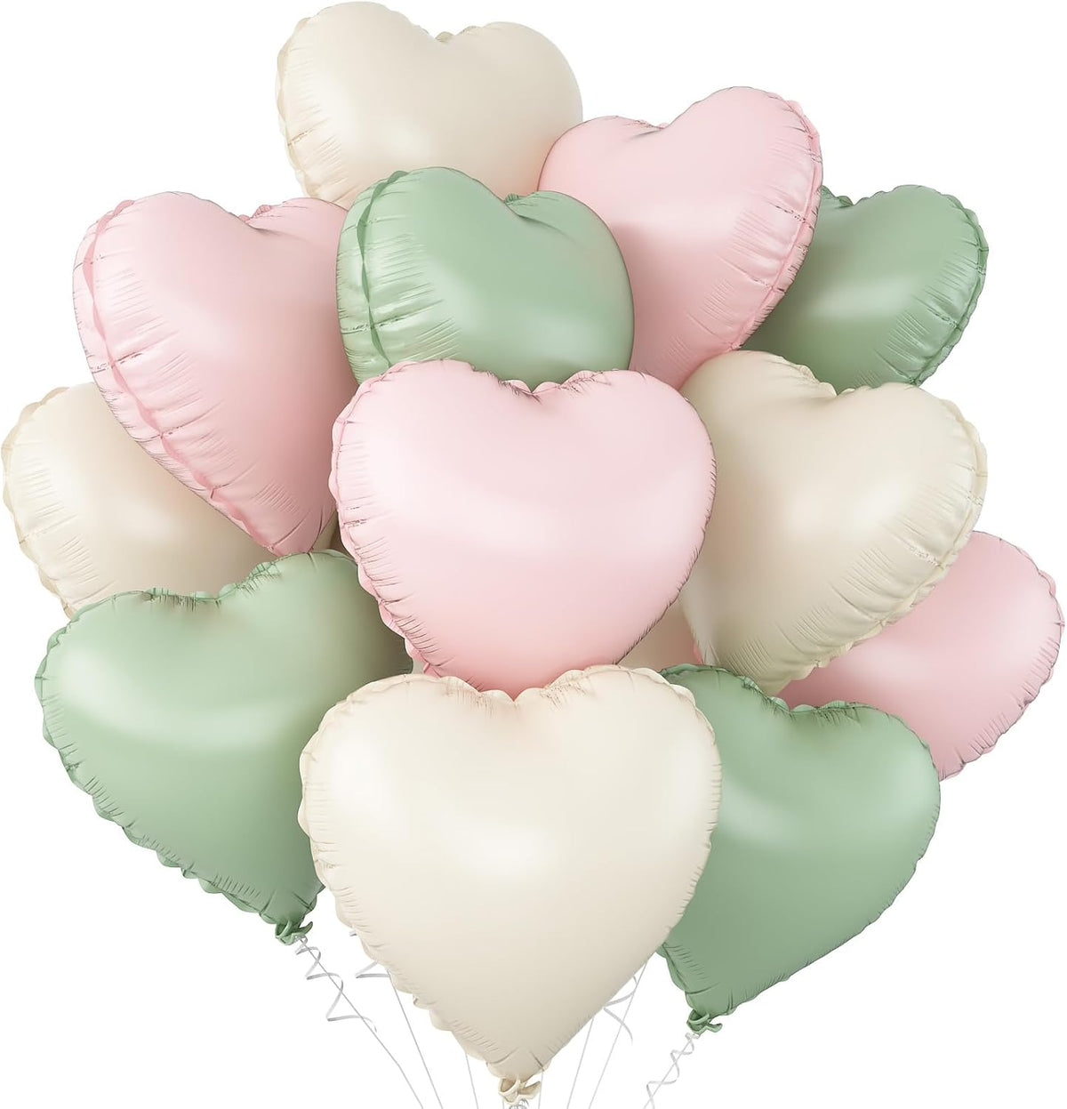 Pink Green White Heart Balloons,12Pcs 18Inch Cream White Baby Pink Sage Green Heart Shaped Foil