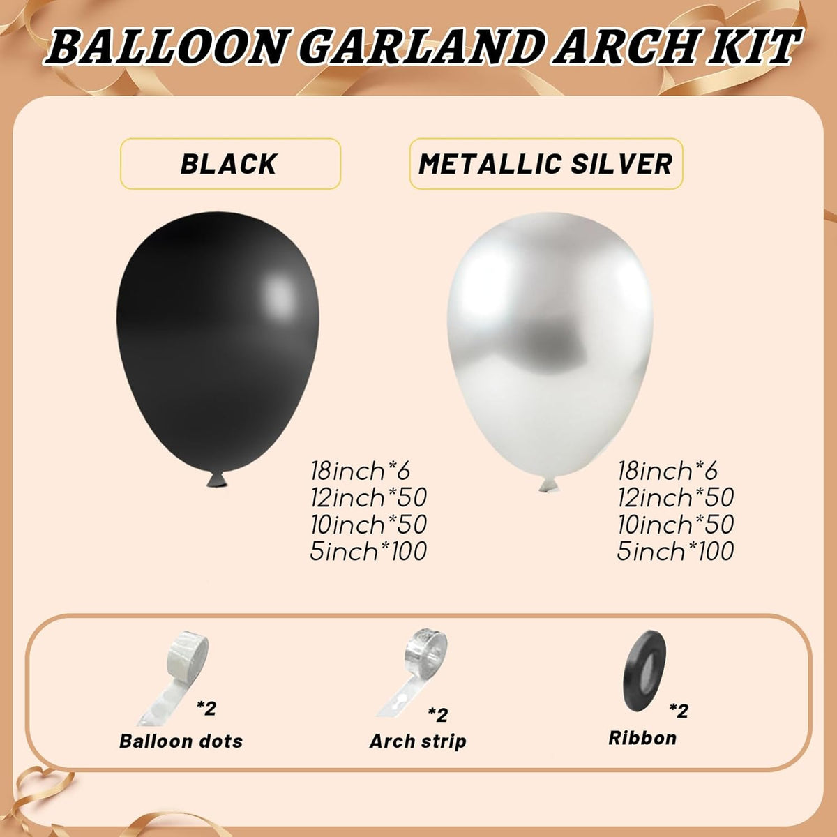412Pcs Black and Silver Balloons Arch Kit, Latex Balloons Different Sizes 18 12 10 5 Inch for