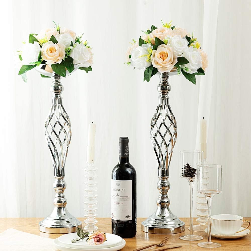 LANLONG 10pcs Metal Silver Candle Holders Road Lead Table Centerpiece Stand Pillar Candlestick for