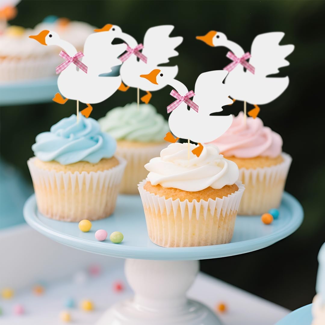 12PCS Silly Goose Cupcake Toppers, Funny Goose Birthday Cake Decorations White Goose Baby Shower