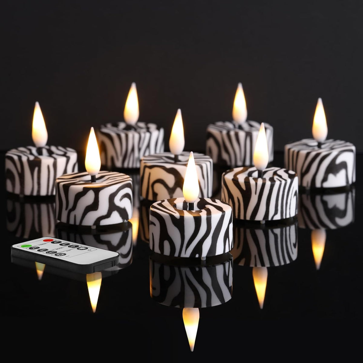 Eywamage Zebras Animal Pattern Flameless Tealights with Remote Batteries, Flickering LED Tea Votive
