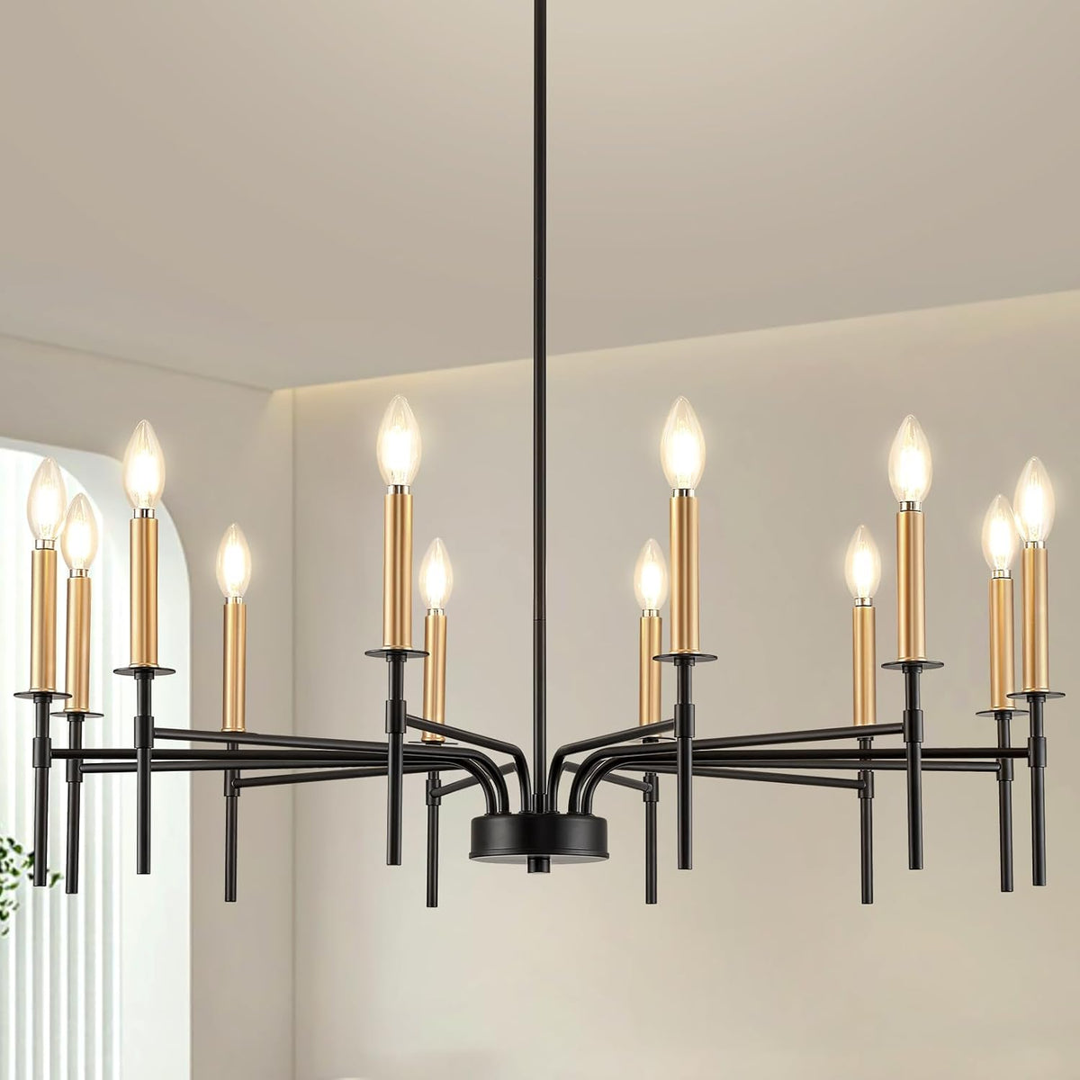 12 Light Modern Farmhouse Black and Gold Chandeliers for Dining Room Light Fixture, Metal Candle