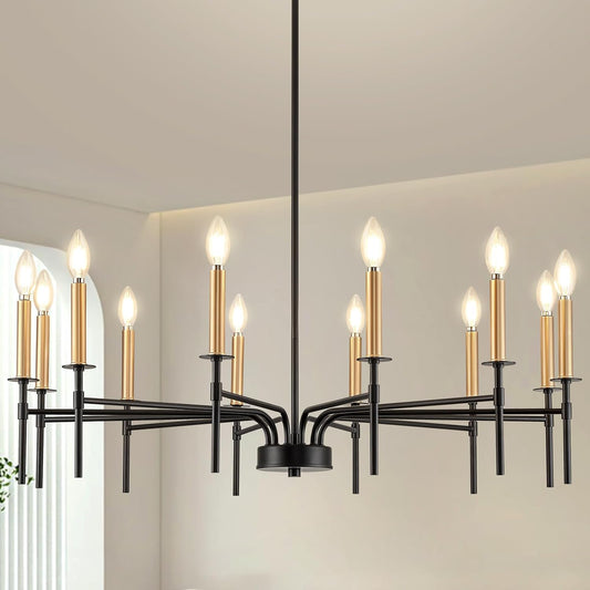 12 Light Modern Farmhouse Black and Gold Chandeliers for Dining Room Light Fixture, Metal Candle