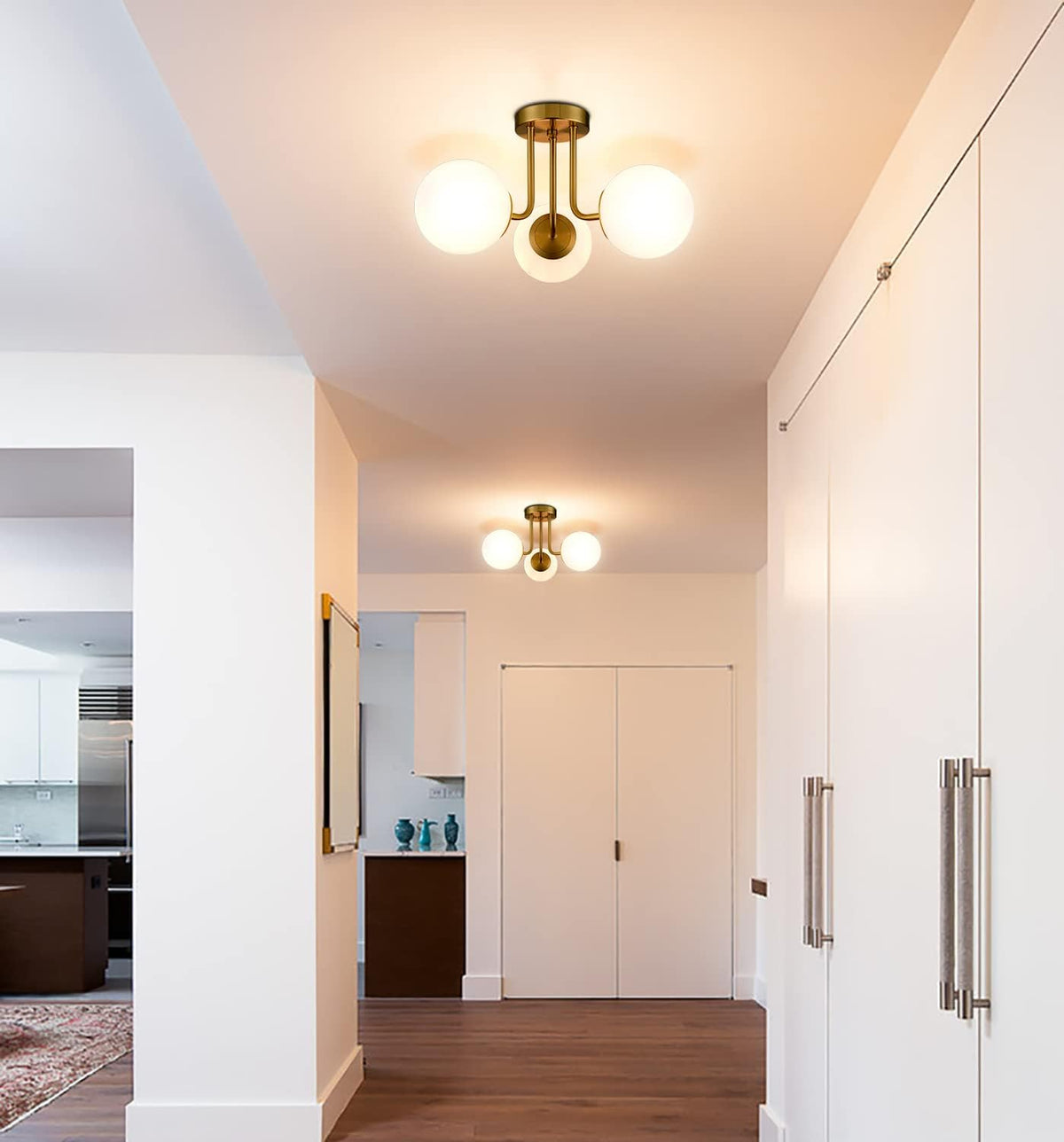 Modern Brass Gold 3-Light Ceiling Light with Globe White Glass Shade Semi Flush Mount Ceiling Light