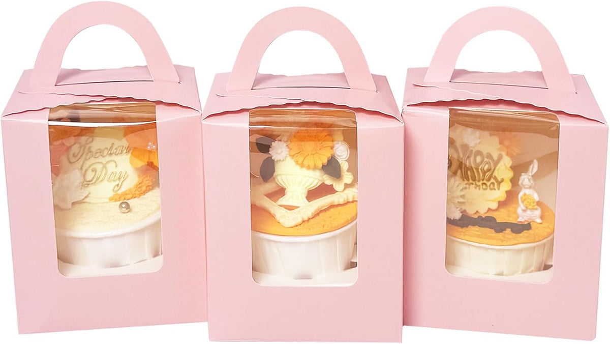 Bakepacker Auto-pop up Individual Cupcake Boxes with Window 25 Count Pink Single Cupcakes Box 3.6 x