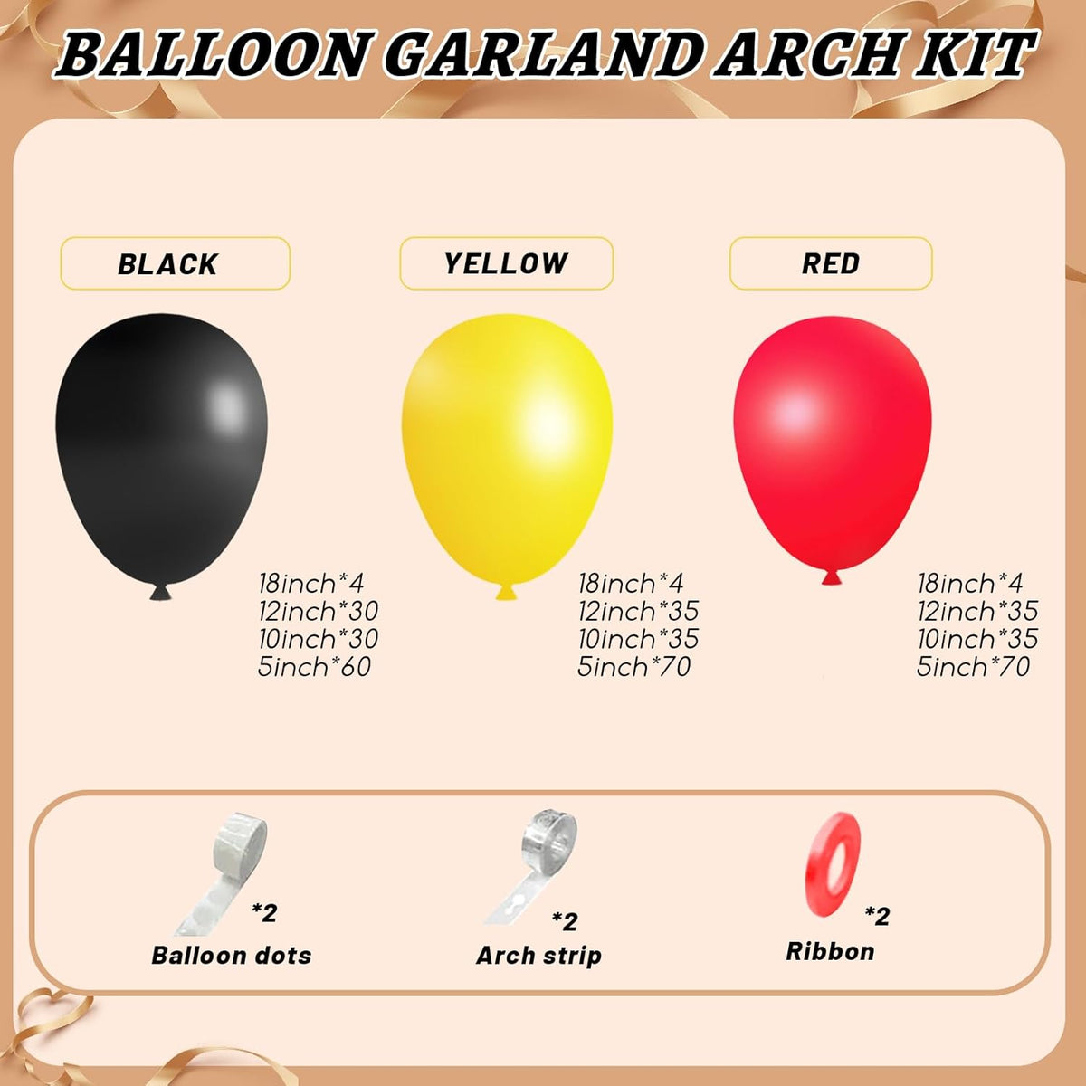 412Pcs Red Yellow Black Balloon Garland Arch Kit,18 12 10 5 Different Sizes Latex Party Balloons