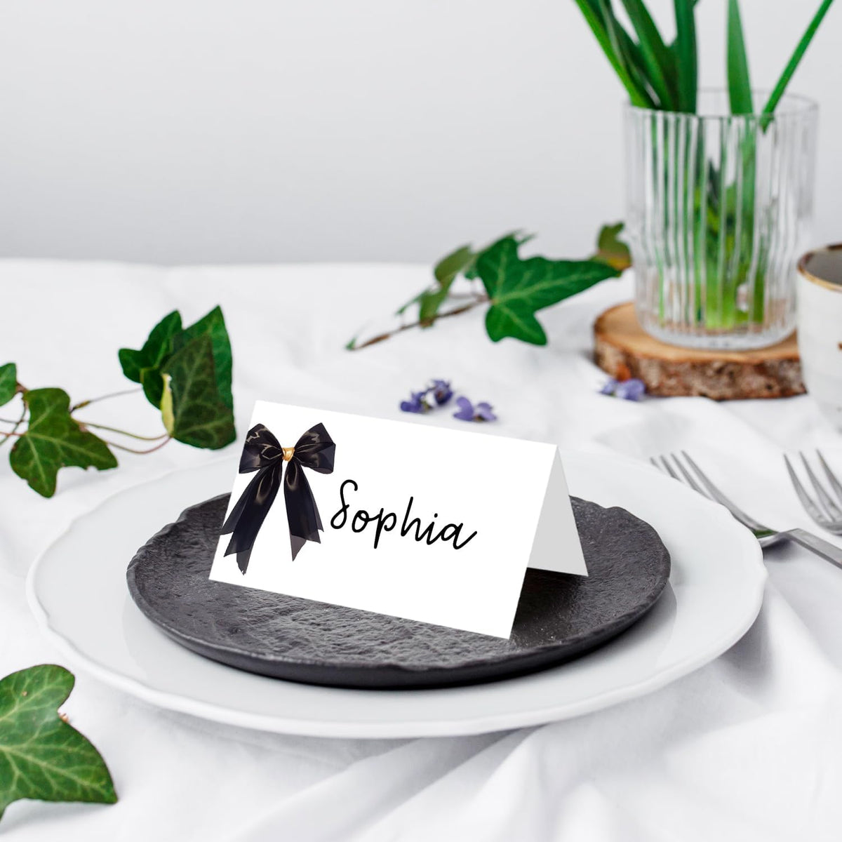 25 Pack Black Bow Place Cards, Editable Name Cards for Table Setting, Tent Cards Food Label for