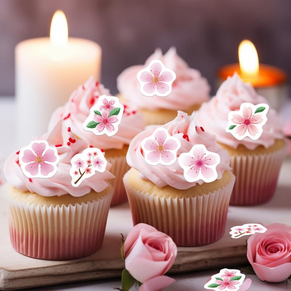 48PCS Edible Cherry Blossoms Cupcake Toppers Pink Edible Cherry Flowers Cake Decorations Wafer