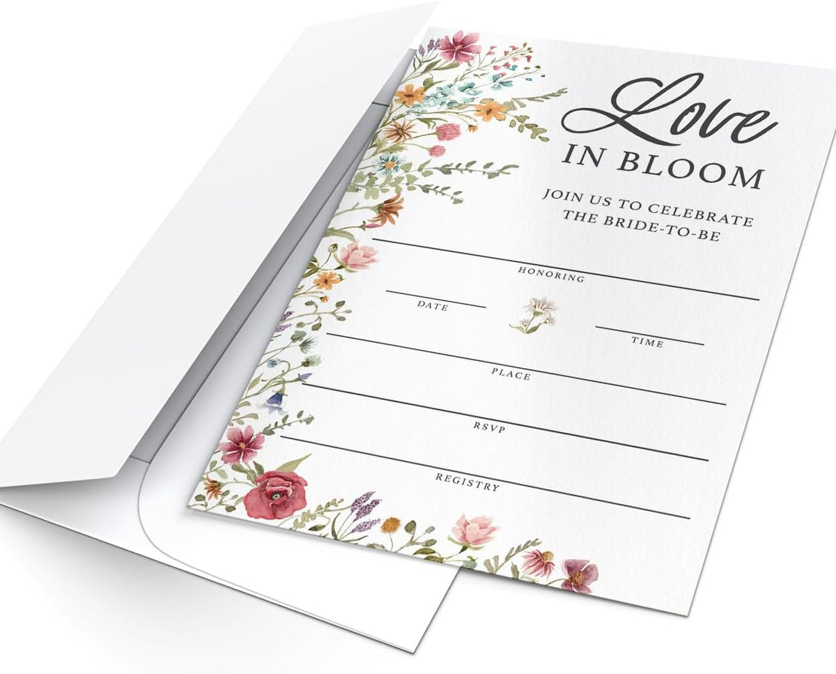 Printed Party Bridal Shower Invitations and Envelopes, Wildflower Theme, Love In Bloom Design, Set