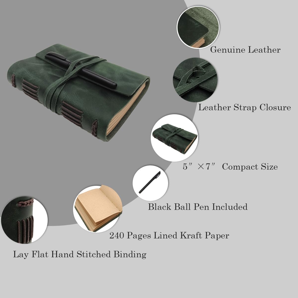 Green Notebook Journal - Genuine Leather Journals for Writing Small Size Diary 5.5x7.5 Inch