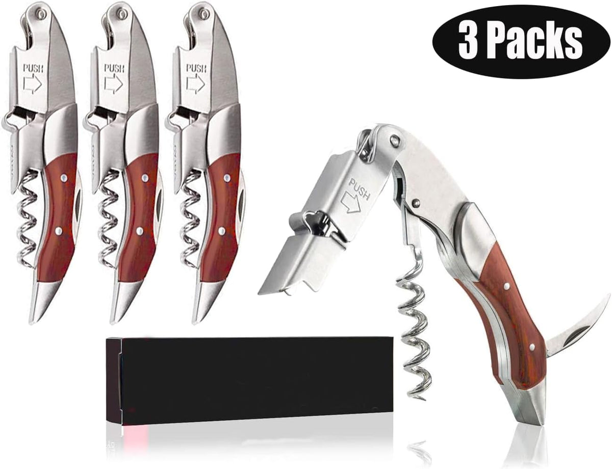 Professional Waiter Corkscrew Wine Key for Bartenders Set of 3,With Long Rosewood Handle Stainless
