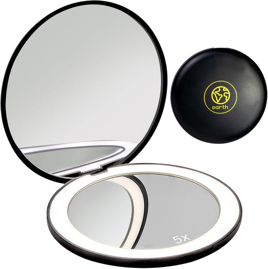 LanJo Lighted Compact Mirror with 1X/5X Magnification, Stepless Dimming & 3 Adjustable Light