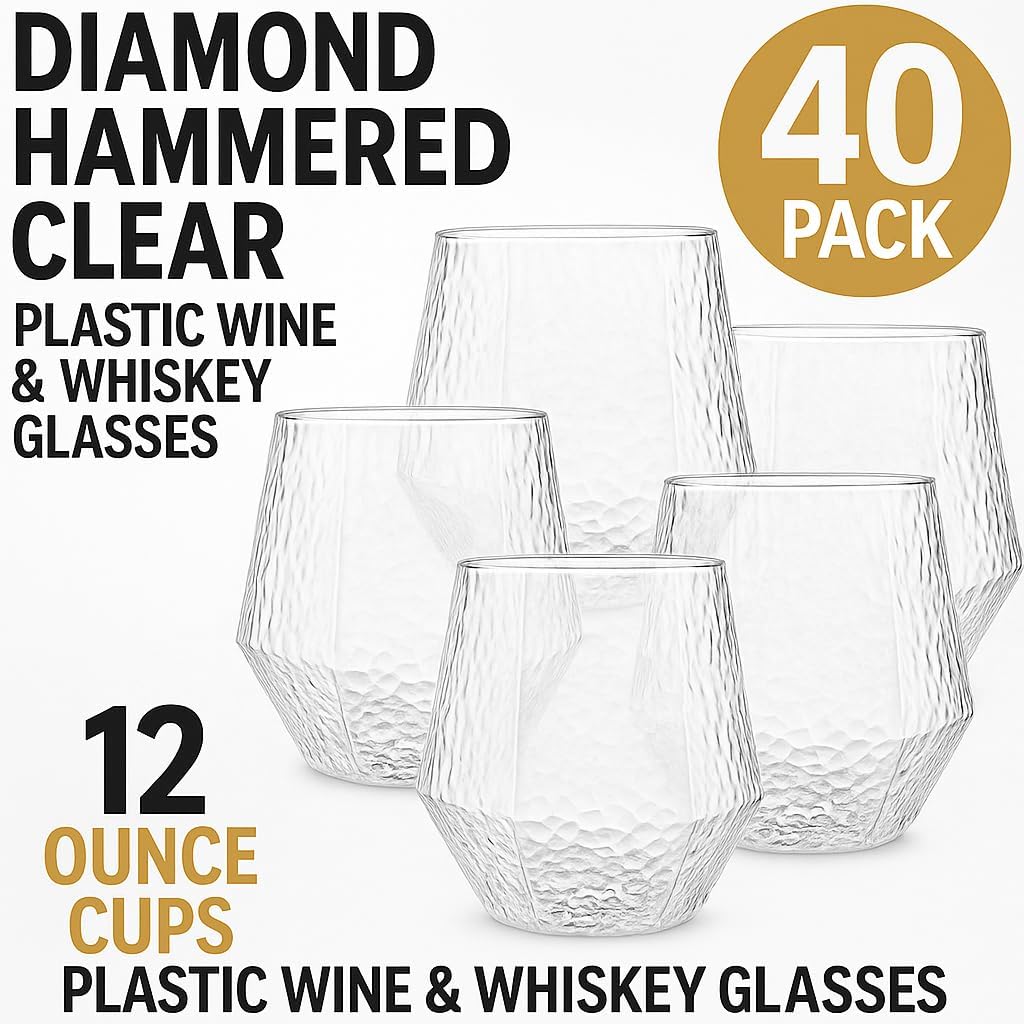 40 count Diamond Unbreakable Stemless Plastic Wine Champagne Whiskey Glasses Elegant Durable
