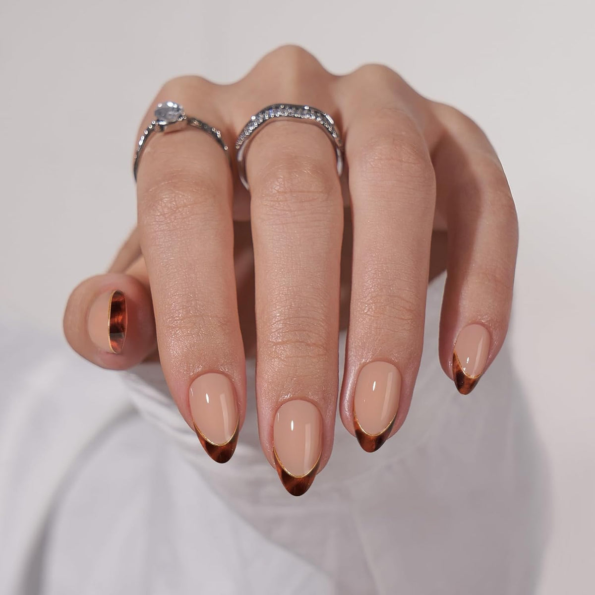 BTArtbox Press On Nails Short Almond - Winter French Tip Press On Nails, Soft Gel Fake Nails Brown