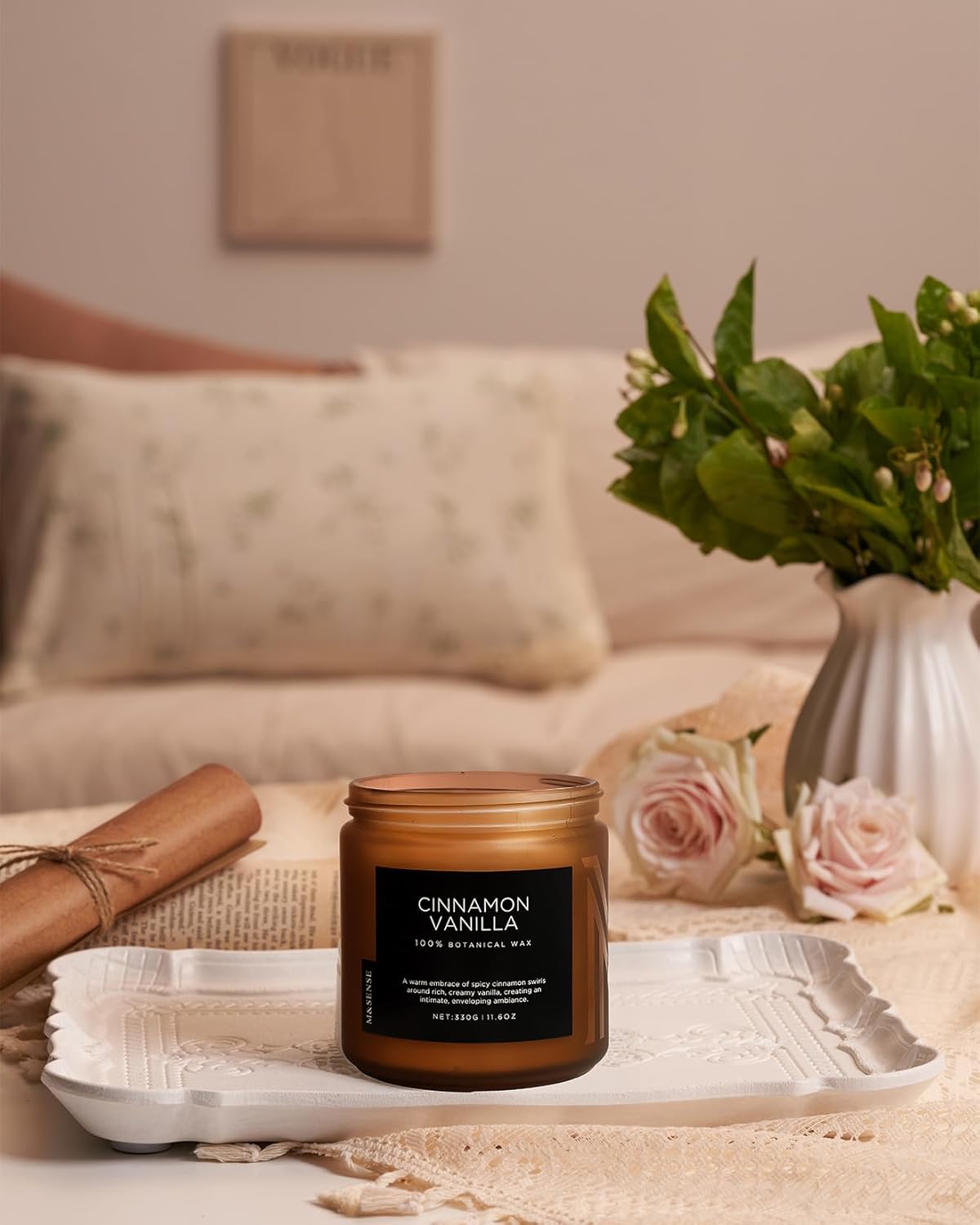 M&SENSE Cinnamon Vanilla Fall Scented Candles for Home, Natural Soy Wax 11.6oz 70 Hours Large Long