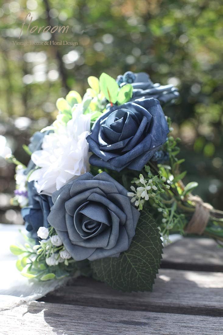 Floroom Artificial Flowers 25pcs Real Looking Dusty Blue Foam Fake Roses with Stems for DIY Wedding